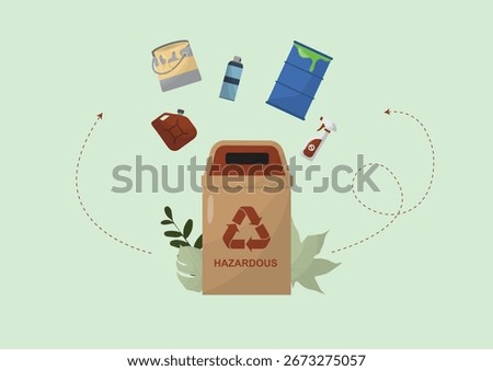 Hazardous Waste Recycling Bin. Waste recycling container with paint cans, chemical bottles and toxic materials. Hazardous waste concept. Flat style. Waste management concept. Vector illustration