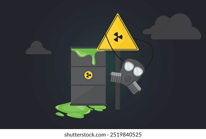 Cena de resíduos perigosos com vazamento de cano, símbolo radioativo e máscara de gás. As nuvens escuras simbolizam a ameaça ambiental. Ilustração de poluição química