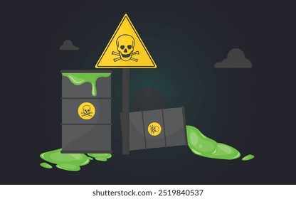 Uma cena de resíduos perigosos com dois barris vazando e um sinal de aviso de crânio e ossos cruzados. Substâncias tóxicas estão vazando no chão. Ilustração da faixa de substâncias perigosas