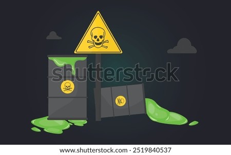 A hazardous waste scene with two leaking barrels and a skull and crossbones warning sign. Toxic substances are spilling onto the ground. Hazardous substances banner illustration