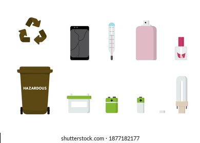 Hazardous waste sorting set vector illustration. Mercury thermometer, lamp, mobile phone, battery, spray in garbage bin.