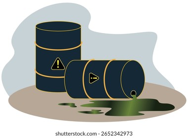Ilustração de vetor de derramamento de resíduos perigosos, líquido verde tóxico vazando de um barril industrial capotado, Falha de segurança industrial, Produtos químicos derramados de tambores danificados