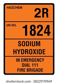 Hazchem 2R 1824 sodium hydroxide emergency information sign. Corrosive chemical warning, dangerous goods transport placard