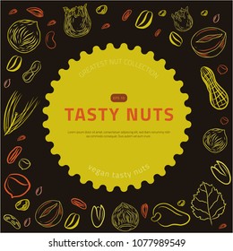 Hazel nut modern circle banner. Isolated hazelnuts healthy food site header. Natural walnut snack with leaves. Organic collection