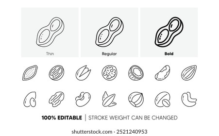 avelã, amendoim e amendoim. Ícones de linhas de nozes e sementes. Sementes de girassol, castanha-do-pará, ícones de pistácio. Noz, coco e castanha de caju. Conjunto linear. Conjunto de ícones de linha. Vetor