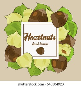 Hazelnut background with the leaves in a hand drawn style. Package design.