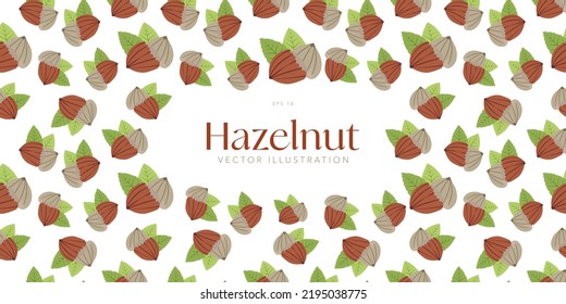 Hazelnut Banner on white background. Food pattern, seamless  hazelnut pattern banner, repeating. Vector Illustration, EPS 10. 