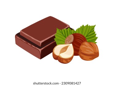 Hazelnut and black chocolate isolated on white background. Vector cartoon flat illustration.