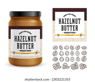 Hazelnut butter label. Realistic glass jar mockup. Hand-drawn hazelnut seeds and shells illustrations