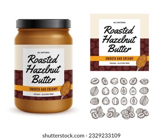 Etikett mit Haselnussbutter. Realistische Glaskeramik. Illustrationen handgezeichneter Haselnussamen und -schalen