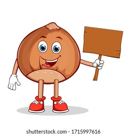 Hazelnut Cartoon Mascot Character  with Blank Wooden Sign in Hand.