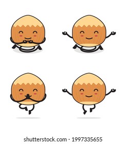Hazelnut cartoon. in a meditation pose, isolated on a white background.