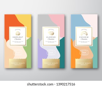Hazelnut, Cashew and Almond Chocolate Labels Set. Abstract Vector Packaging Design Layout with Soft Realistic Shadows. Modern Typography, Hand Drawn Nuts Silhouettes and Colorful Background. Isolated.