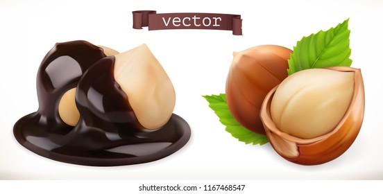 Hazelnut In Chocolate. 3d Realistic Vector Icon