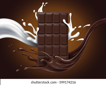 hazelnut chocolate ad with milk and cocoa flow elements, brown background, 3d illustration