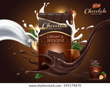 hazelnut chocolate ad with milk and cocoa flow elements, brown background, 3d illustration