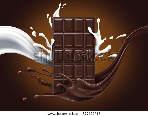 茶色の背景にヘーズルナットのチョコレート広告とミルクとココアの流れエレメント 3dイラスト のベクター画像素材 ロイヤリティフリー