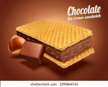 Hazelnut chocolate ice cream sandwich with wafer cookies and ingredients illustration, brown background