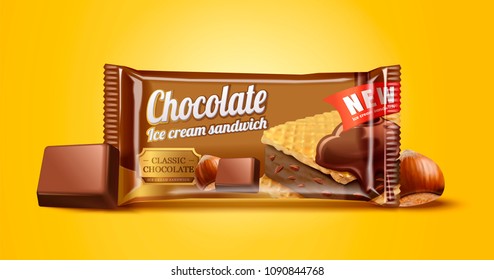 Hazelnut chocolate ice cream sandwich package design illustration on chrome yellow background