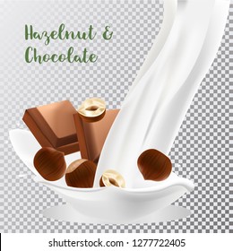 Hazelnut and chocolate with a splash of milk. Fresh fruits and splashes, 3d realistic vector