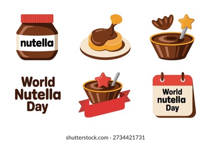 Hazelnut chocolate spread day icons, cocoa jar, swirl spoon, toast slice, celebration calendar ribbon, dessert tasting event graphics vector