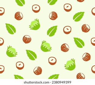 Hazelnut, cobnut, filbert, nut, leaves and plant, seamless vector background, pattern. Nutty, food, meal, nature, fruit, kernel, eating and eat, vector design and illustration