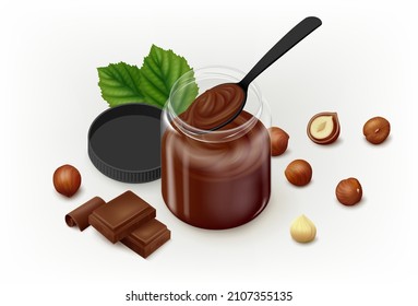 Hazelnut cocoa spread in a glass jar, black spoon, scattered filbert kernels, chocolate pieces, leaves and plastic lid on gray background. Realistic vector illustration. Side view.