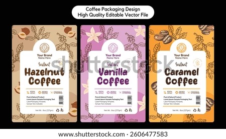 Hazelnut coffee label packaging design Vanilla Coffee label Caramel Coffee packaging classic rich aroma pure natural flavored coffee label packaging editable template download