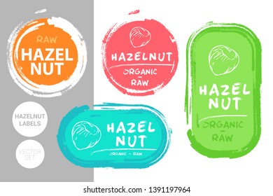 Hazelnut colorful label set. Raw organic nuts Badge shapes. Creative Nut tags. Raw food stickers ready for web and print. Painting brush style labels. Brush stroke badges.