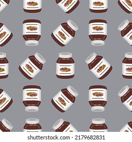 Hazelnut cream in a glass jar.  Сhocolate spread. Vector seamless pattern