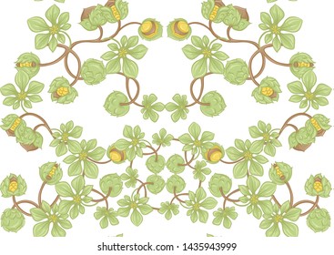 Hazelnut. Decorative motif. Seamless pattern, background. Colored vector illustration. In art nouveau style, vintage, old, retro style. Isolated on white background.