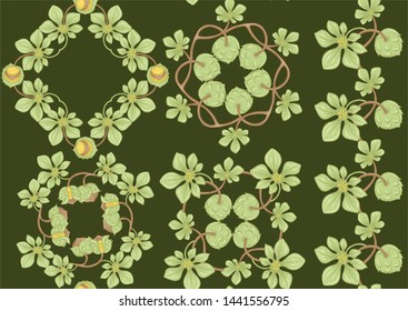 Hazelnut. Decorative motif. Seamless pattern, background. Colored vector illustration. In art nouveau style, vintage, old, retro style. On army green background.