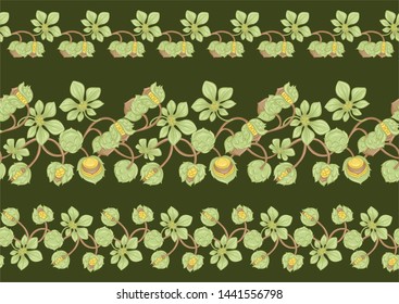 Hazelnut. Decorative motif. Seamless pattern, background. Colored vector illustration. In art nouveau style, vintage, old, retro style. On army green background.
