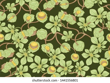 Hazelnut. Decorative motif. Seamless pattern, background. Colored vector illustration. In art nouveau style, vintage, old, retro style. On army green background.