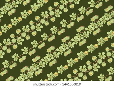 Hazelnut. Decorative motif. Seamless pattern, background. Colored vector illustration. In art nouveau style, vintage, old, retro style. On army green background.