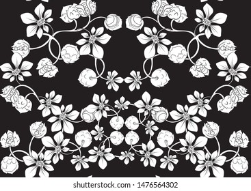 Hazelnut. Decorative motif. Seamless pattern, background. Black and white graphics. Vector illustration. In art nouveau style, vintage, old, retro style.