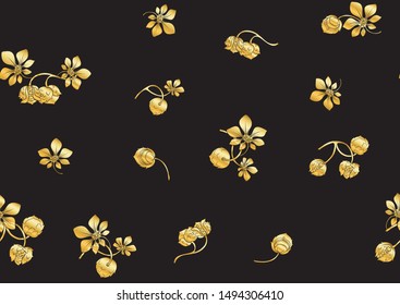 Hazelnut. Decorative motif. Seamless pattern, background. In art nouveau old style retro vintage style in gold and black colors.