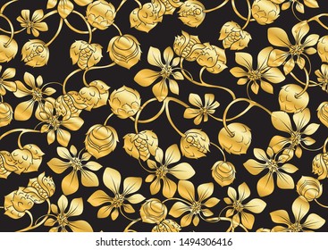 Hazelnut. Decorative motif. Seamless pattern, background. In art nouveau old style retro vintage style in gold and black colors.