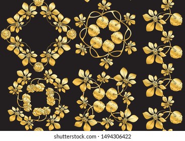 Hazelnut. Decorative motif. Seamless pattern, background. In art nouveau old style retro vintage style in gold and black colors.