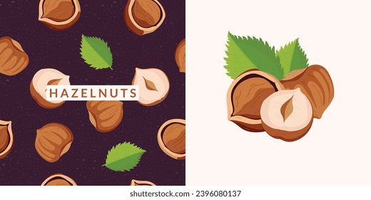 hazelnut design elements set, minimalistic illustration. Botanical elements for design.
