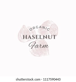 Hazelnut Farm Abstract Vector Sign, Symbol or Logo Template. Elegant Hazel Nuts Sillhouettes with Retro Typography. Vintage Luxury Emblem. Isolated.