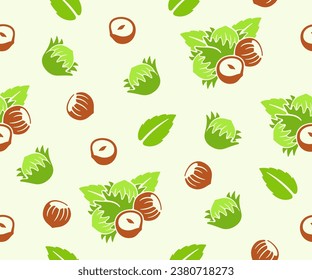 Hazelnut, filbert, cobnut, nut, leaves and plant, seamless vector background, pattern. Nutty, food, meal, nature, fruit, kernel, eating and eat, vector design and illustration