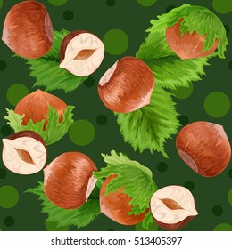 hazelnut. filbert. cobnut. nut. vector illustration. leaves. delicious healthy vegan snack. seamless vector pattern. Vector illustration. packaging.