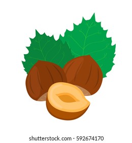 Hazelnut in flat cartoon style. Forest natural nut, organic ripe hazel, green leaves.
