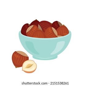 Hazelnut in green bowl isolated on white. Vector flat illustration of nuts. Organic food icon.