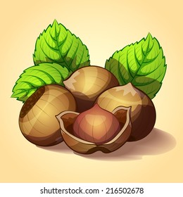 Hazelnut with green leaves