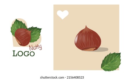 Hazelnut in green leaves, hand drawn realistic vector. Nut logo concept
