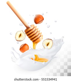 Hazelnut And Honey In A Milk Splash On A Transparent Background. Vector.