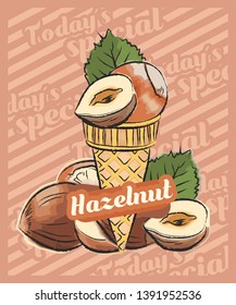 Hazelnut  ice cream scoop in cone. Vector sketch illustration. Nut ice cream idea, concept	