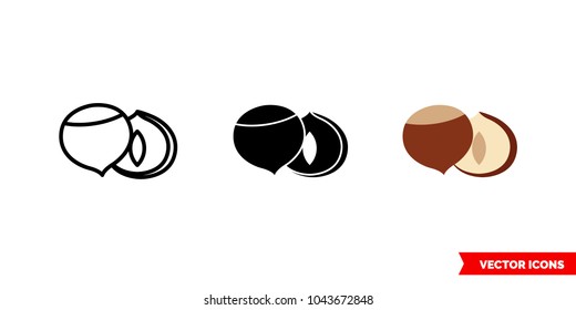 Hazelnut icon of 3 types: color, black and white, outline. Isolated vector sign symbol.